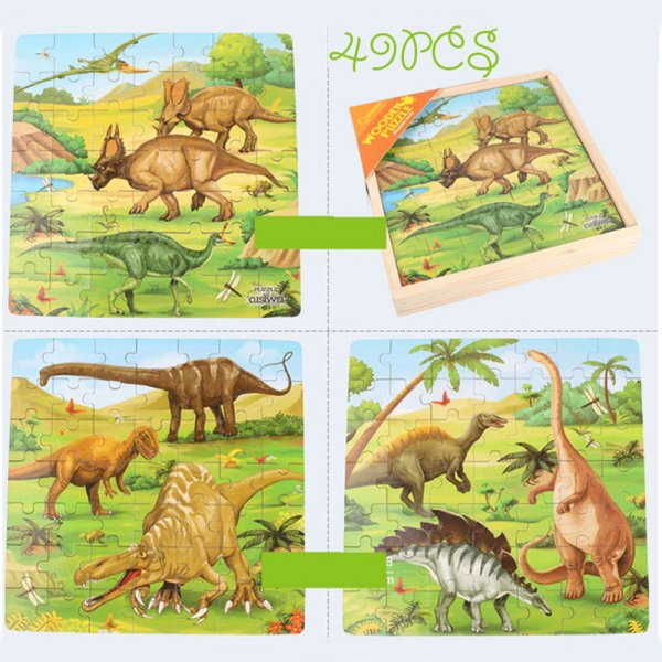 puzzle 3in1 din lemn dinozaauri