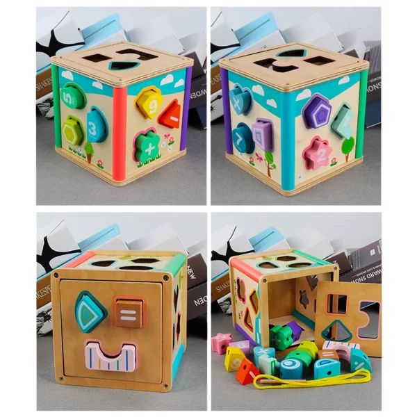Cub educativ din lemn cu forme geometrice si joc snuruit Shape Matching 2