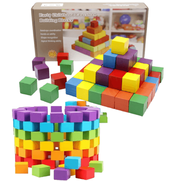 set de constructie 100 cuburi din lemn in culorile curcubeului